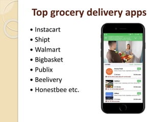Top grocery delivery apps
 Instacart
 Shipt
 Walmart
 Bigbasket
 Publix
 Beelivery
 Honestbee etc.
 