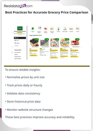 Best Practices for Accurate Grocery Price Comparison
To ensure reliable insights:
• Normalize prices by unit size
• Track prices daily or hourly
• Validate data consistency
• Store historical price data
• Monitor website structure changes
These best practices improve accuracy and reliability.
 