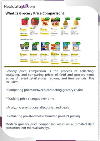 What Is Grocery Price Comparison?
Grocery price comparison is the process of collecting,
analyzing, and comparing prices of food and grocery items
across different retail stores, regions, and time periods. This
includes:
• Comparing prices between competing grocery chains
• Tracking price changes over time
• Analyzing promotions, discounts, and deals
• Evaluating private-label vs branded product pricing
Modern grocery price comparison relies on automated data
extraction, not manual surveys.
 