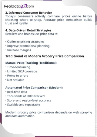 3. Informed Consumer Behavior
Today's consumers actively compare prices online before
choosing where to shop. Accurate price comparison builds
trust and loyalty.
4. Data-Driven Retail Strategies
Retailers and brands use price data to:
• Optimize pricing strategies
• Improve promotional planning
• Increase margins
Traditional vs Modern Grocery Price Comparison
Manual Price Tracking (Traditional)
• Time-consuming
• Limited SKU coverage
• Prone to errors
• Not scalable
Automated Price Comparison (Modern)
• Real-time data
• Thousands of SKUs tracked
• Store- and region-level accuracy
• Scalable and repeatable
Modern grocery price comparison depends on web scraping
and data automation.
 