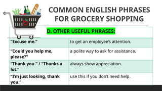 COMMON ENGLISH PHRASES
FOR GROCERY SHOPPING
D. OTHER USEFUL PHRASES:
“Excuse me.” to get an employee’s attention.
“Could you help me,
please?”
a polite way to ask for assistance.
“Thank you.” / “Thanks a
lot.”
always show appreciation.
“I’m just looking, thank
you.”
use this if you don’t need help.
 