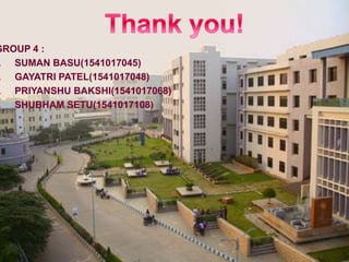 GROUP 4 :
. SUMAN BASU(1541017045)
. GAYATRI PATEL(1541017048)
. PRIYANSHU BAKSHI(1541017068)
. SHUBHAM SETU(1541017108)
 