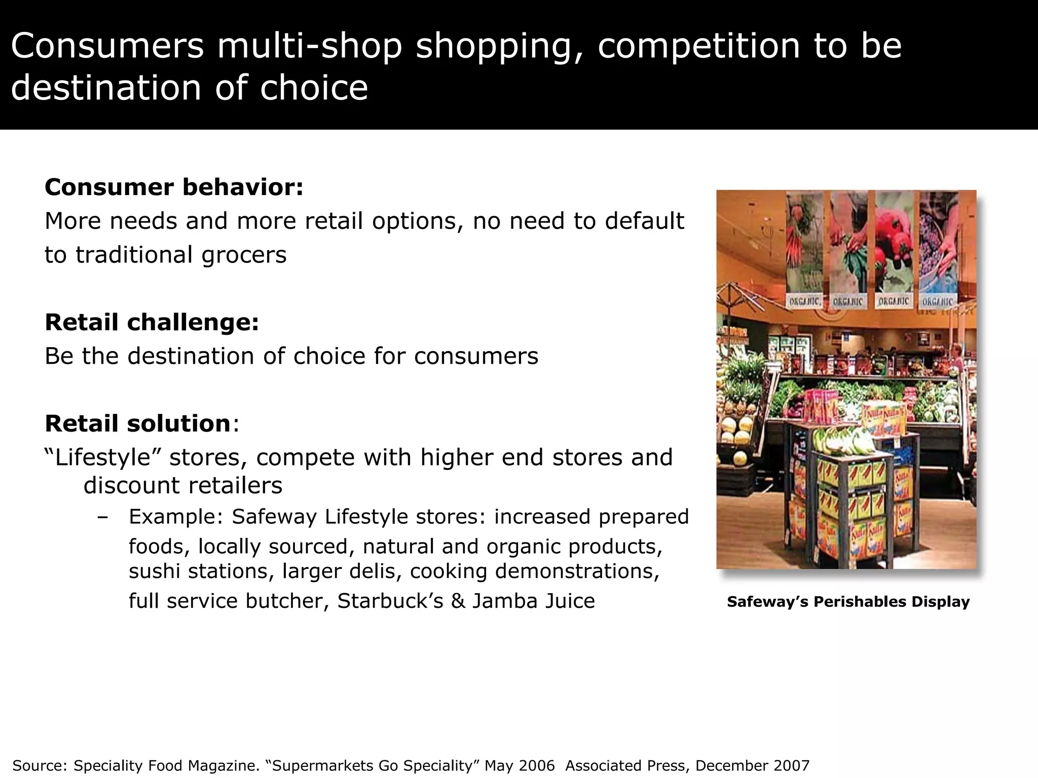 Consumers multi-shop shopping, competition to be destination of choice Consumer behavior:  More needs and more retail options, no need to default  to traditional grocers Retail challenge:  Be the destination of choice for consumers Retail solution :  “ Lifestyle” stores, compete with higher end stores and discount retailers Example: Safeway Lifestyle stores: increased prepared  foods, locally sourced, natural and organic products, sushi stations, larger delis, cooking demonstrations,  full service butcher, Starbuck’s & Jamba Juice Safeway’s Perishables Display Source: Speciality Food Magazine. “Supermarkets Go Speciality” May 2006  Associated Press, December 2007 