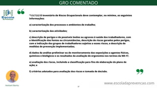 “1.5.7.3.2 O Inventário de Riscos Ocupacionais deve contemplar, no mínimo, as seguintes
informações:
a) caracterização dos processos e ambientes de trabalho;
b) caracterização das atividades;
c) descrição de perigos e de possíveis lesões ou agravos à saúde dos trabalhadores, com
a identificação das fontes ou circunstâncias, descrição de riscos gerados pelos perigos,
com a indicação dos grupos de trabalhadores sujeitos a esses riscos, e descrição de
medidas de prevenção implementadas;
d) dados da análise preliminar ou do monitoramento das exposições a agentes físicos,
químicos e biológicos e os resultados da avaliação de ergonomia nos termos da NR-17.
e) avaliação dos riscos, incluindo a classificação para fins de elaboração do plano de
ação; e
f) critérios adotados para avaliação dos riscos e tomada de decisão.
www.escoladaprevencao.com
GRO COMENTADO
37
 