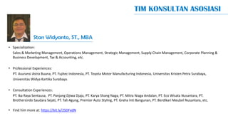 TIM KONSULTAN ASOSIASI
Stan Widyanto, ST., MBA
• Specialization:
Sales & Marketing Management, Operations Management, Stra...