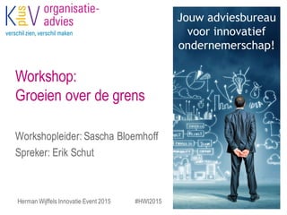 Workshop:
Groeien over de grens
Workshopleider: Sascha Bloemhoff
Spreker: Erik Schut
Herman Wijffels Innovatie Event 2015 #HWI2015
 