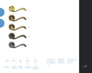 119
50 64
46
265
32
250
28
LP
FU
BO
Ottone Lucido
Bronzo
Bronzo Opaco
Invecchiato
Ferro Vecchio
Полированная латунь
Сатинированная бронза
Матовая бронза
Латунь антик
Железо антик
Messing Poliert
Bruniert Poliert
Bruniert Matt
Messing Antik
Verchromt Antik
LP
FU
BO
AQ
HI
64
32
•
maniglie su rosetta
rosettengarnitur
дек накладкой
DK
martellina DK
fenstergriff mit
rasterung
Оконная ручка
PE
placca stretta
schmalrahmengarnitur
Узкая декоративная
накладка
PM
placca maría
maría drückergarnitur
auf schildern
Дверная ручка с дек
бол накладкой maría
AQ
HI
RE
rosetta stretta
drückergarnitur auf
ovalrosetten
дек ов накладкой
 