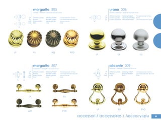 85accessori / accessoires / Аксессуары
LP FU
AQ PVD
34
224 185
70
margarita 307
Ottone Lucido
Bronzo
Invecchiato
PVD
Полированная латунь
Сатинированная бронза
Латунь антик
PVD
Messing Poliert
Bruniert Poliert
Messing Antik
PVD
LP
FU
AQ
PVD
LP FU PVD
120
136
80
alicante 309
LP
FU
PVD
Ottone Lucido
Bronzo
PVD
Полированная латунь
Сатинированная бронза
PVD
Messing Poliert
Bruniert Poliert
PVD
battente / türklopfer / Дверной молотокmanettone / stossgriff / Большая ручка
LP FU AQ PVD
80
89
74
79
margarita 305
LP
FU
AQ
PVD
Ottone Lucido
Bronzo
Invecchiato
PVD
Полированная латунь
Сатинированная бронза
Латунь антик
PVD
Messing Poliert
Bruniert Poliert
Messing Antik
PVD
pomolo / türknopf / Дверная круглая ручка
LP CR CS
80
89
urano 306
Ottone Lucido
Cromo Lucido
Cromo Satinato
Полированная латунь
Хром
Сатинированная Хром
Messing Poliert
Verchromt Poliert
Verchromt Matt
LP
CR
CS
pomolo / türknopf / Дверная круглая ручка
 
