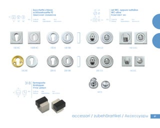 87
100 B
200 B
100 BC
100 BS
100 BB
200 BB
100B BC
50
50 ø50 ø50
25
20 20
25
100 CDC
MCDC200 CD
100 CD
MCD
318
accessori / zubehörartikel / Аксессуары
fermaporta
türstopper
Упор двери
bocchetta chiave
schlüsselrosette PZ
Замочная скважина
set WC, oppure nottolino
WC-olive
Комплект wc
Tutte le
finiture
Tutte le
finiture
Tutte le
finiture
Все
закончили
Все
закончили
Все
закончили
Alle
beendeten
Alle
beendeten
Alle
beendeten
ALL
ALL
ALL
ø 50 ø 24
50
50 24
24
 