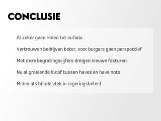 Al zeker geen reden tot euforie
Vertrouwen bedrijven beter, voor burgers geen perspectief
Met deze begrotingscijfers dreigen nieuwe facturen
Nu al groeiende kloof tussen haves en have nots
Milieu als blinde vlek in regeringsbeleid
CONCLUSIE
 