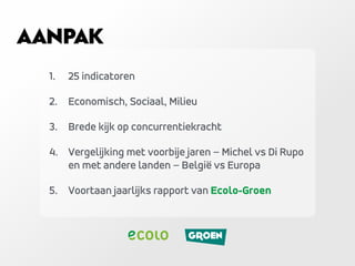 1. 25 indicatoren
2. Economisch, Sociaal, Milieu
3. Brede kijk op concurrentiekracht
4. Vergelijking met voorbije jaren – Michel vs Di Rupo
en met andere landen – België vs Europa
5. Voortaan jaarlijks rapport van Ecolo-Groen
AANPAK
 