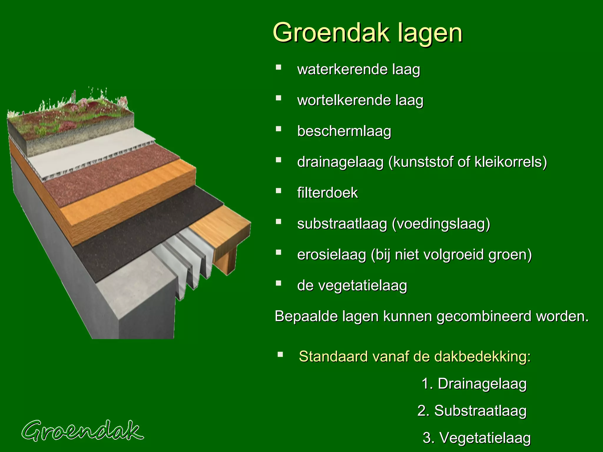 Groendak lagen
 waterkerende laag
 wortelkerende laag
 beschermlaag
 drainagelaag (kunststof of kleikorrels)
 filterdoek
 substraatlaag (voedingslaag)
 erosielaag (bij niet volgroeid groen)
 de vegetatielaag
Bepaalde lagen kunnen gecombineerd worden.

 Standaard vanaf de dakbedekking:
                      1. Drainagelaag
                     2. Substraatlaag
                      3. Vegetatielaag
 