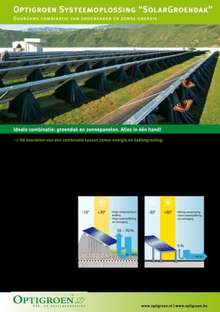 Optigroen Systeemoplossing “SolarGroendak”
Duurzame combinatie van groendaken en zonne-energie




Ideale combinatie: groendak en zonnepanelen. Alles in één hand!
> De voordelen van een combinatie tussen zonne-energie en dakbegroeiing:

> Hoger rendement van de zonnepane-       > Brandveilig door de dakbegroeiing               > Duurzaam bouwen en biodiversiteit
  len door koeling                        	 De dakbegroeiing verhindert als “har-           	 Een dakbegroeiing met zonnepanelen
	 De levensduur en werking van zonne-       de bedekking”een mogelijk vlamver-                passen bijzonder goed in duurzaam
  panelen hangt vooral af van de tempe-     spreiding.                                        bouwen. Daarnaast zorgt een dakbe-
  ratuursinvloeden, temperaturen van                                                          groeiing voor meer biodiversiteit en
  meer dan 25 graden zorgen al voor       > Waterretentie                                     groen in de stad.
  een vermindering van de werking. De     	 De dakbegroeiing buffert en vertraagd
  koeling door verdamping in de dakbe-      de afvoer van hemelwater tussen de
  groeiing verhoogt het rendement met       40 en 70 % per jaar.
  circa 5 %. Het vermogensverlies ver-
  minderd met circa 10 jaar.

> Dakbegroeiing beschermt de dakbe-
  dekking en verlengt de levensduur
	 Doordat de dakbedekking langer
  mee gaat hoeven de zonnepanelen           -10°        +30°       - 	Hoge verdamping en      -30°        +80°      - Weinig verdamping
                                                                   	koeling                                         - Geen waterbuffering 		
  ook minder snel gedemonteerd en                                  -	Hoge waterbuffering                            	 en vertraging
  herplaatst te worden. Daarnaast be-                              	 en vertraging
  schermt de dakbegroeiing de onder-
  constructie van de zonnepanelen.                                      50 – 70 %
> Geen dakdoordringing door een gebal-
  last systeem
	 Het gewicht van de dakbegroeiing                                                                                  5%
  ballast de zonnepaneelstandaard en
  dienen niet gemonteerd te worden in                                          30 – 50 %
                                                                                                                                     95 %
  de onderconstructie waardoor er ook
  geen detailwerk in de dakbedekking
  aanwezig is. Door de snelle plaatsing
                                          Combinatie van zonnepanelen met dakbegroeiing.    Zonnepanelen zonder dakbegroeiing.
  zonder verdere montage aan het ge-      Geballast systeem ”SolarGroendak“.
  bouw kan men prijsgunstig werken.
                                              	 Minimale temperatuur op dakbedekking
                                              	 Maximale temperatuur op dakbedekking




                                                                                           www.optigroen.nl | www.optigroen.be
 