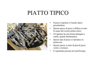 PIATTO TIPICO
•
•
•
•
•
•

Il pesce Capelano è il piatto tipico
groenlandese.
Questa specie di pesce è diffusa in tutte
le acque del circolo polare artico.
Il Capelano ha una forma allungata e
sottile, quindi idrodinamica.
Questo tipo di pesce si riproduce in
primavera.
Questa specie si nutre di piccoli pesci,
vermi e crostacei.
È soprattutto pescata nel nord Europa.

 