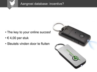 Aangroei database: incentive?

• The key to your online succes!
• € 4,00 per stuk
• Sleutels vinden door te fluiten

 