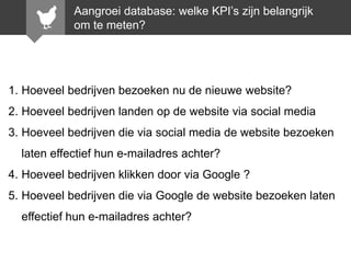 Aangroei database: welke KPI’s zijn belangrijk
om te meten?

1. Hoeveel bedrijven bezoeken nu de nieuwe website?
2. Hoeveel bedrijven landen op de website via social media
3. Hoeveel bedrijven die via social media de website bezoeken
laten effectief hun e-mailadres achter?

4. Hoeveel bedrijven klikken door via Google ?
5. Hoeveel bedrijven die via Google de website bezoeken laten
effectief hun e-mailadres achter?

 