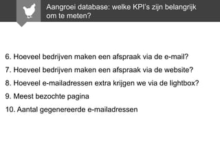 Aangroei database: welke KPI’s zijn belangrijk
om te meten?

6. Hoeveel bedrijven maken een afspraak via de e-mail?
7. Hoeveel bedrijven maken een afspraak via de website?
8. Hoeveel e-mailadressen extra krijgen we via de lightbox?
9. Meest bezochte pagina

10. Aantal gegenereerde e-mailadressen

 
