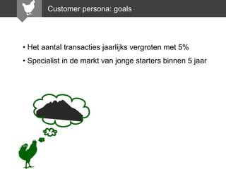 Customer persona: goals

• Het aantal transacties jaarlijks vergroten met 5%
• Specialist in de markt van jonge starters binnen 5 jaar

 