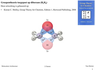 Tom Mortier
11
Moleculaire Architectuur 2 Chemie
Groepentheorie toegepast op diboraan (B2H6)
Deze uitwerking is gebaseerd op:
• Kieran C. Molloy, Group Theory for Chemists, Edition 1, Horwood Publishing, 2004
 