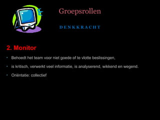 2. Monitor Behoedt het team voor niet goede of te vlotte beslissingen,  is kritisch, verwerkt veel informatie, is analyserend, wikkend en wegend. Oriëntatie: collectief Groepsrollen D E N K K R A C H T  
