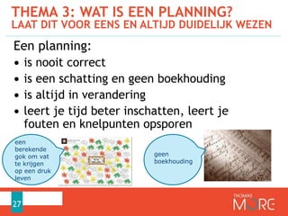 THEMA 3: WAT IS EEN PLANNING?
LAAT DIT VOOR EENS EN ALTIJD DUIDELIJK WEZEN
27
Een planning:
• is nooit correct
• is een schatting en geen boekhouding
• is altijd in verandering
• leert je tijd beter inschatten, leert je
fouten en knelpunten opsporen
een
berekende
gok om vat
te krijgen
op een druk
leven
geen
boekhouding
 