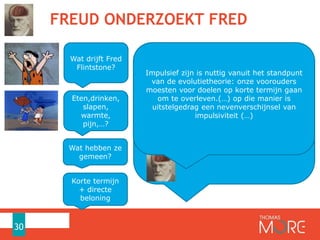 FREUD ONDERZOEKT FRED
30
Wat drijft Fred
Flintstone?
Eten,drinken,
slapen,
warmte,
pijn,…?
Wat hebben ze
gemeen?
Korte termijn
+ directe
beloning
From an evolutionary standpoint, impulsivity
makes sense: Our ancestors should have
been inclined to seek immediate rewards
when the next day was uncertain.(…) That
finding suggests that, genetically speaking,
procrastination is an evolutionary byproduct
of impulsivity -- one that likely manifests
itself more in the modern world than in the
world of our ancestors. (source:
http://www.sciencedaily.com/releases/2014
/04/140407101718.htm
Impulsief zijn is nuttig vanuit het standpunt
van de evolutietheorie: onze voorouders
moesten voor doelen op korte termijn gaan
om te overleven.(…) op die manier is
uitstelgedrag een nevenverschijnsel van
impulsiviteit (…)
 