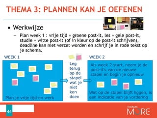 THEMA 3: PLANNEN KAN JE OEFENEN
44
• Werkwijze
− Plan week 1 : vrije tijd = groene post-it, les = gele post-it,
studie = witte post-it (of in kleur op de post-it schrijven),
deadline kan niet verzet worden en schrijf je in rode tekst op
je schema.
WEEK 1 WEEK 2
Plan je vrije tijd en werk
Als week 2 start, neem je de
post-it’s van de nieuwe
stapel en begin je opnieuw
Wat op de stapel blijft liggen, is
een indicatie van je vordering
Leg
terug
op de
stapel
wat je
niet
kon
doen
 