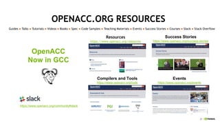 25
Resources
https://www.openacc.org/resources
Success Stories
https://www.openacc.org/success-stories
Events
https://www.openacc.org/events
OPENACC.ORG RESOURCES
Guides ● Talks ● Tutorials ● Videos ● Books ● Spec ● Code Samples ● Teaching Materials ● Events ● Success Stories ● Courses ● Slack ● Stack Overflow
Compilers and Tools
https://www.openacc.org/tools
OpenACC
Now in GCC
https://www.openacc.org/community#slack
 
