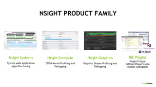 43
NSIGHT PRODUCT FAMILY
Nsight Systems
System-wide application
algorithm tuning
Nsight Compute
CUDA Kernel Profiling and
Debugging
Nsight Graphics
Graphics Shader Profiling and
Debugging
IDE Plugins
Nsight Eclipse
Edition/Visual Studio
(Editor, Debugger)
 