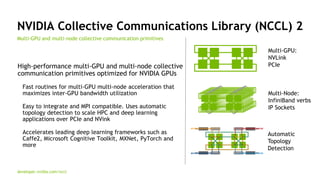 47
NVIDIA Collective Communications Library (NCCL) 2
Multi-GPU and multi-node collective communication primitives
developer.nvidia.com/nccl
High-performance multi-GPU and multi-node collective
communication primitives optimized for NVIDIA GPUs
Fast routines for multi-GPU multi-node acceleration that
maximizes inter-GPU bandwidth utilization
Easy to integrate and MPI compatible. Uses automatic
topology detection to scale HPC and deep learning
applications over PCIe and NVink
Accelerates leading deep learning frameworks such as
Caffe2, Microsoft Cognitive Toolkit, MXNet, PyTorch and
more
Multi-Node:
InfiniBand verbs
IP Sockets
Multi-GPU:
NVLink
PCIe
Automatic
Topology
Detection
 