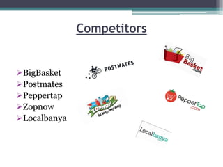 Competitors
BigBasket
Postmates
Peppertap
Zopnow
Localbanya
 
