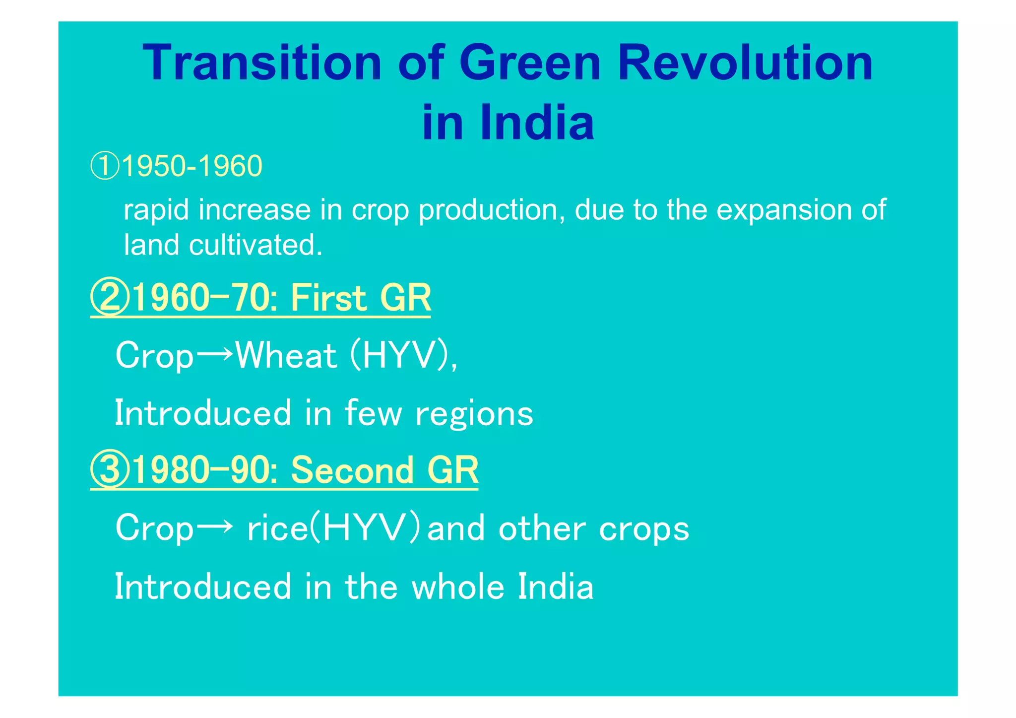 Transition of Green Revolution
             in India
1950-1960
rapid increase in crop production, due to the expansion of
land cultivated.
                       
                           
                               
                           
                                           
                                   
 