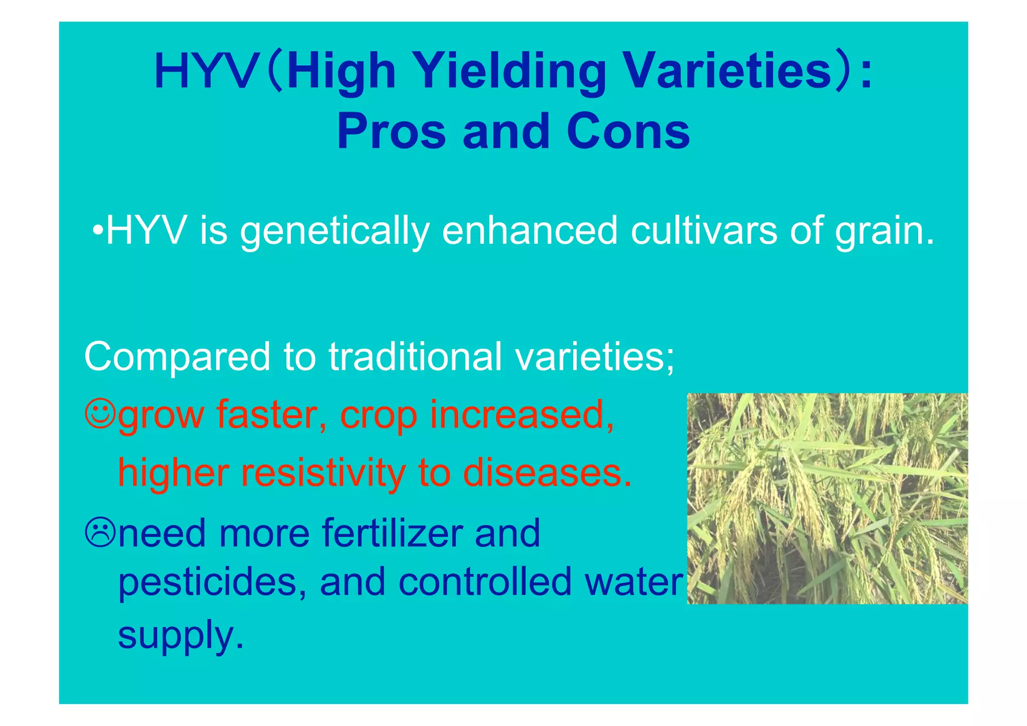 High Yielding Varieties :
             Pros and Cons 
• HYV is genetically enhanced cultivars of grain.


Compared to traditional varieties;
 grow faster, crop increased,
 higher resistivity to diseases.
need more fertilizer and
  pesticides, and controlled water
  supply.
 