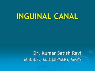 INGUINAL CANAL
Dr. Kumar Satish Ravi
M.B.B.S., M.D.(JIPMER), MAMS
 
