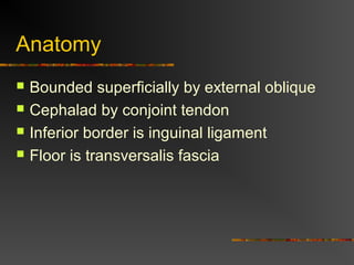 Anatomy
 Bounded superficially by external oblique
 Cephalad by conjoint tendon
 Inferior border is inguinal ligament
 Floor is transversalis fascia
 
