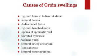 Causes of Groin swellings
 Inguinal hernia- Indirect & direct
 Femoral hernia
 Undescended testis
 Inguinal lymphadenitis
 Lipoma of spermatic cord
 Encysted hydrocele
 Saphena varix
 Femoral artery aneurysm
 Psoas abscess
 Femoral nerve neuroma
 