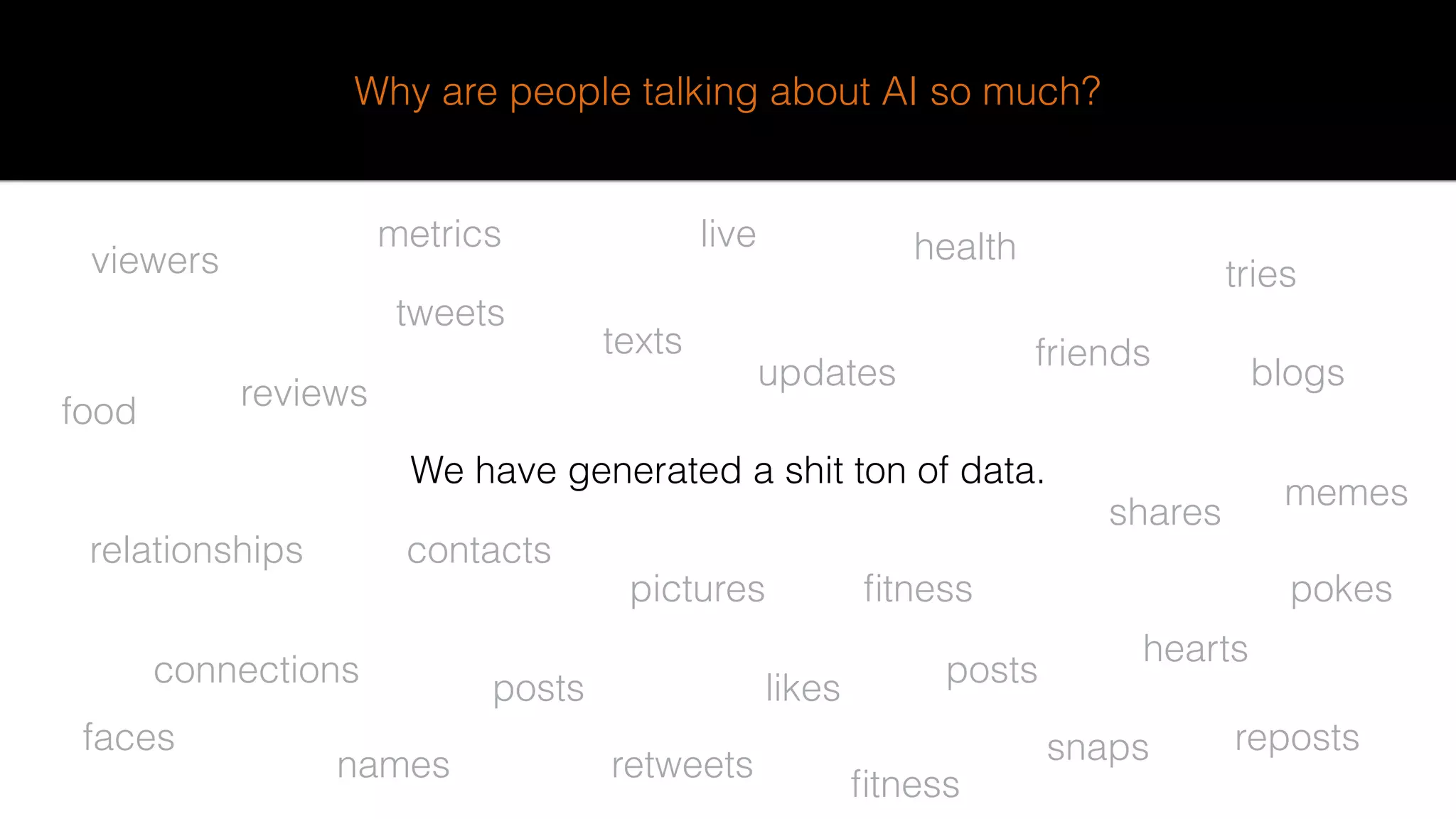 Why are people talking about AI so much?
We have generated a shit ton of data.
tweets
texts friends
likesposts
updates
shares
hearts
pictures
relationships
connections
retweets snaps reposts
blogs
tries
live
viewers
faces
names
contacts
food reviews
metrics health
fitness
fitness
memes
posts
pokes