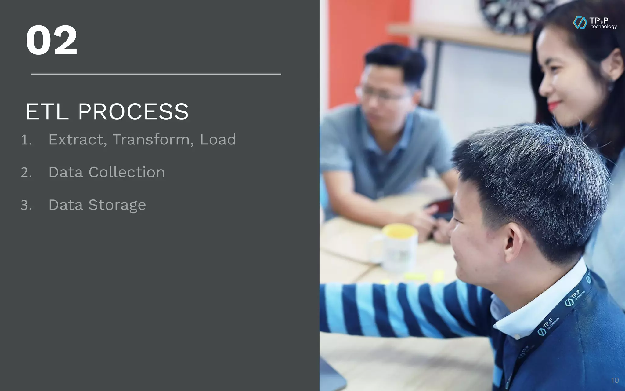 10 ETL PROCESS 02 1. Extract, Transform, Load 2. Data Collection 3. Data Storage 