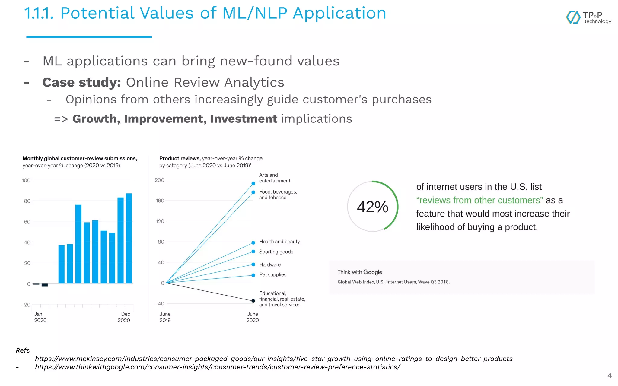 1.1.1. Potential Values of ML/NLP Application 4 - ML applications can bring new-found values - Case study: Online Review Analytics - Opinions from others increasingly guide customer's purchases => Growth, Improvement, Investment implications Refs - https://www.mckinsey.com/industries/consumer-packaged-goods/our-insights/ﬁve-star-growth-using-online-ratings-to-design-better-products - https://www.thinkwithgoogle.com/consumer-insights/consumer-trends/customer-review-preference-statistics/ 