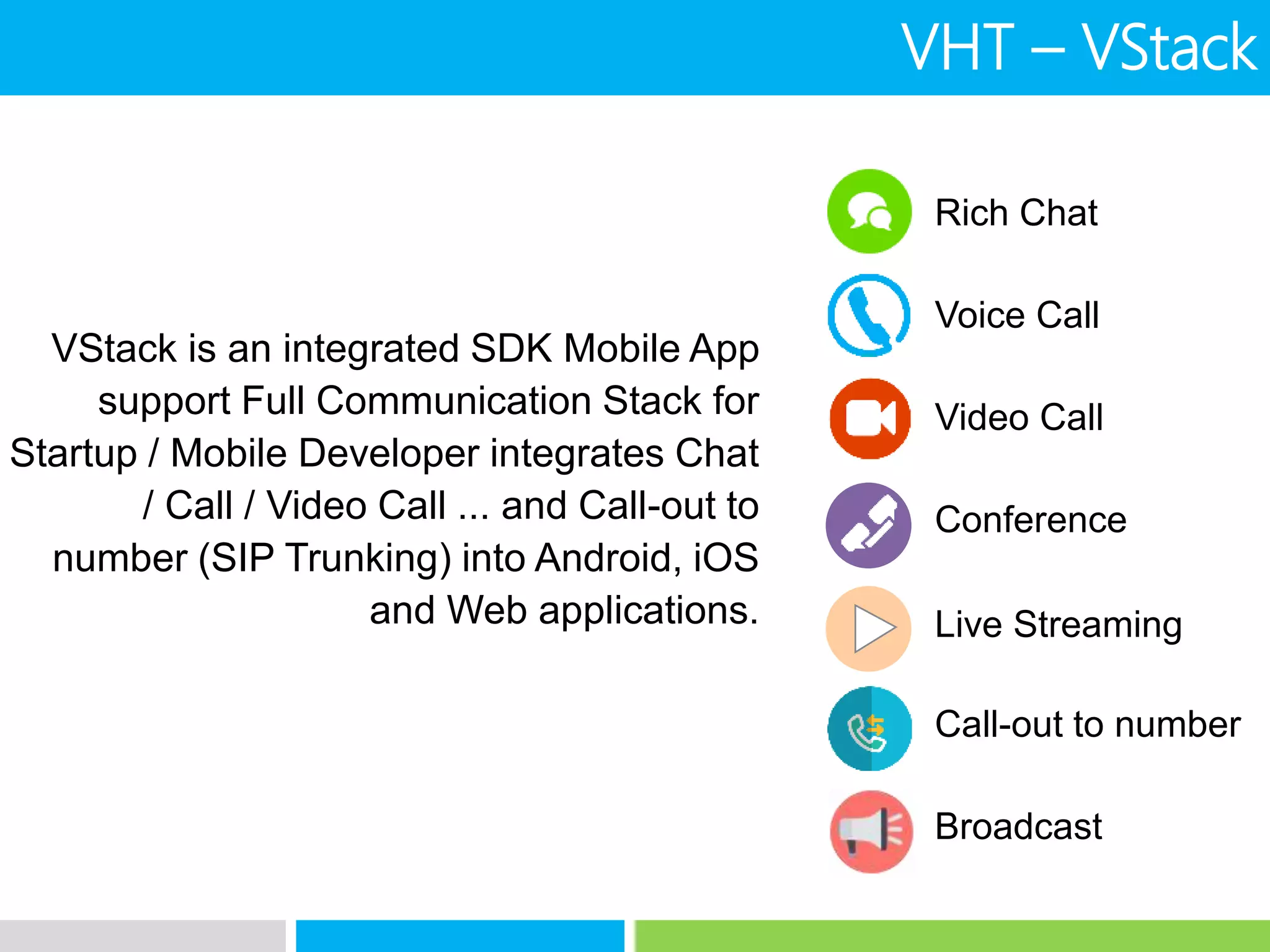 Rich Chat
Voice Call
Video Call
Call-out to number
Broadcast
Conference
Live Streaming
VStack is an integrated SDK Mobile App
support Full Communication Stack for
Startup / Mobile Developer integrates Chat
/ Call / Video Call ... and Call-out to
number (SIP Trunking) into Android, iOS
and Web applications.
VHT – VStack
 