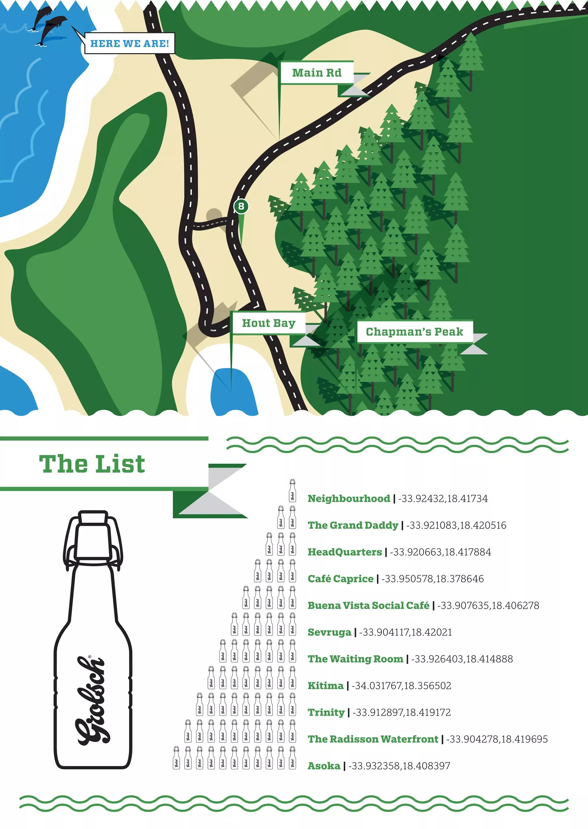 here we are!


                         Main Rd




                  8




                  Hout Bay
                                         Chapman’s Peak




The List
                             Neighbourhood | -33.92432,18.41734

                             The Grand Daddy | -33.921083,18.420516

                             HeadQuarters | -33.920663,18.417884

                             Café Caprice | -33.950578,18.378646

                             Buena Vista Social Café | -33.907635,18.406278

                             Sevruga | -33.904117,18.42021

                             The Waiting Room | -33.926403,18.414888

                             Kitima | -34.031767,18.356502

                             Trinity | -33.912897,18.419172

                             The Radisson Waterfront | -33.904278,18.419695

                             Asoka | -33.932358,18.408397
 