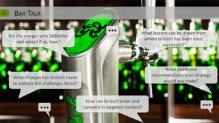 220
What lessons can be drawn from
where Grolsch has been most
successful?
Did the merger with SABMiller
add value? If so, how?
What additional
recommendations on strategy
would you make?
What changes has Grolsch made
to address the challenges faced?
How can Grolsch enter and
compete in targeted markets? ●●●
●●●
●●●
 