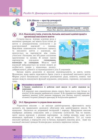 Розділ ІV. Демократичне суспільство та його цінності
120
§	24.	Школа	—	простір	демократії
#спілкуваннявзаємодія	
#співпрацявідповідальність	
Після хліба найважливіше для народу — школа.
Жорж Жак Дантон, французький політичний діяч
24.1.	Взаємодія	учнів,	учителів,	батьків,	шкільної	адміністрації	в	
		організації	шкільного	життя	
Сучасна школа відіграє ключову роль у
вихованні громадян, які мають бути готові до
життя в демократичному суспільстві і до
конструктивної взаємодії з іншими.
Важливим компонентом освітнього процесу
та шкільного життя є взаємодія, що
ґрунтується на партнерстві між учнем,
учителем і батьками, які об'єднані спільними
прагненнями та цілями. В основі такого
партнерства покладено спілкування,
взаємодію та співпрацю. Модель такої
взаємодії вибудовується на основі поваги до
особистості, довіри у відносинах, діалогу,
добровільності, рівності та відповідальності усіх її учасників.
Батьки мають розділяти зі школою відповідальність за якість освіти.
Відповідно, вони мають можливість брати участь в організації шкільного життя.
Форми участі батьківської спільноти різноманітні: ради, комітети, комісії, такі
органи можуть виконувати функції керування, опікування, сприяння, погодження
тощо.
Виконайте	в	команді
1.	Уважно	 ознайомтеся	 із	 роботою	 своєї	 школи	 та	 дайте	 відповіді	 на
запитання:	
1. В  ухваленні  яких  управлінських  рішень  можуть  брати  участь  учні,  батьки  та 
вчителі? 2. Які рішення приймаються спільно? 3. Як поширюється інформація про 
прийняте  рішення?  4. Які  рішення  ініціювали  учні  (батьки,  вчителі)  упродовж 
останніх 2‐ох років? (Наведіть приклади). 5. Чи були вони прийняті?
24.2.	Врядування	та	управління	школою	
Управління школою — це шкільне адміністрування, ефективність якого
залежить від правильного розподілу обов'язків між адміністрацією школи. Їх
відносини базуються на дотриманні інструкцій і порядку. Врядування школою
відображає динаміку соціальних змін у сучасному суспільстві. Так чи інакше,
проте школа взаємодіє з різними партнерами за своїми межами, адже часто
виникають проблеми і перепони, які не можна передбачити. Тут усі члени
шкільної громади, а передусім учні та батьки, відіграють важливу роль. Адже від
взаємодії шкільної громади безпосередньо залежить вирішення питань.
Право для безоплатного розміщення підручника в мережі Інтернет має
Міністерство освіти і науки України http://mon.gov.ua/ та Інститут модернізації змісту освіти https://imzo.gov.ua
 