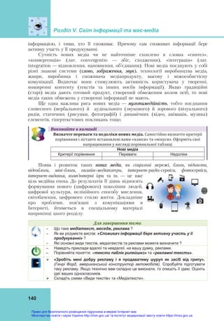 Розділ V. Світ інформації та мас-медіа
140
інформацією, і тими, хто її споживає. Причому сам споживач інформації бере
активну участь у її продукуванні.
Сутність нових медіа чи не найточніше схоплено в словах «синтез»,
«конвергенція» (лат. сonvergentio — збіг, сходження), «інтеграція» (лат.
іntegration — відновлення, наповнення, об’єднання). Нові медіа поєднують у собі
різні знакові системи (слово, зображення, звук), технології виробництва медіа,
жанри, виробника і споживача медіапродукту, масову і міжособистісну
комунікації. Водночас вони стимулюють активність користувача у творенні,
поширенні контенту (текстів та інших носіїв інформації). Якщо традиційні
(старі) медіа дають готовий продукт, створений обмеженим колом осіб, то нові
медіа таких обмежень у створенні інформації не мають.
Ще одна важлива риса нових медіа — мультимедійність, тобто поєднання
словесного (вербального) й аудіоального (звукового) й зорового (візуального)
рядів, статичних (рисунки, фотографії) і динамічних (відео, анімація, музика)
елементів, гіпертекстових покликань тощо.
Виконайте	в	команді
Визначте	переваги	та	недоліки	нових	медіа.	Самостійно визначте критерії 
порівняння і зіставте встановлені вами «плюси» та «мінуси». Оформіть свої 
напрацювання у вигляді порівняльної таблиці 
Нові медіа
Критерії порівняння Переваги Недоліки
Поява і розвиток таких нових медіа, як соціальні мережі, блоги, підкасти,
відеоблоги, міні-блоги, онлайн-медіаплеєри, інтернет-радіо-сервіси, фотосервіси,
інтернет-видання, комп’ютерні ігри та ін. — це вже
ціла медійна епоха. До результатів її діянь відносять
формування нового (цифрового) покоління людей,
цифрової культури, нелінійного способу мислення,
світобачення, цифрового стилю життя. Докладніше
про проблеми, пов’язані з комунікаціями в
Інтернеті, йтиметься в спеціальному матеріалі
наприкінці цього розділу.
Для	завершення	теми:
 Що таке медіатекст, меседж, реклама ?
 Як ви розумієте вислів: «Споживач інформації бере активну участь у її
продукуванні» ?
 Які основні види текстів, медіатекстів та реклами можете визначити ?
– Наведіть приклади вдалої та невдалої, на вашу думку, реклами.
– Порівняйте поняття: «тексти паблік рилейшнз» та «рекламні тексти».
 «Зробіть мені добру рекламу і я продаватиму шуруп як засіб від грипу».
(Генрі Форд, американський конструктор автомобілів). Спробуйте підготувати
таку рекламу. Якщо технічно вам складно це виконати, то опишіть її ідею. Оцініть
ідеї ваших однокласників.
 Складіть схеми «Види текстів» та «Медіатексти».
Право для безоплатного розміщення підручника в мережі Інтернет має
Міністерство освіти і науки України http://mon.gov.ua/ та Інститут модернізації змісту освіти https://imzo.gov.ua
 