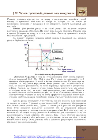 § 37. Попит і пропозиція, ринкова ціна, конкуренція
187
Ринкова рівновага означає, що на ринку встановлюються унаслідок співдії
попиту та пропозиції такі ціни на товари та послуги, які не ведуть до
виникнення залишків у продавців і не створюють нестачі (дефіциту) для
покупців.
Ринкова ціна (market price) — це такий рівень цін, за якого інтереси
покупців та продавців збігаються. На ринку вона формує рівновагу. Ринкова ціна
є певним фільтром на ринку, оскільки розподіляє обмежену пропозицію товарів
між покупцями і продавцями.
На рисунку показано механізм співдії попиту і пропозиції під впливом
ринкової (рівноважної ціни):
Взаємодія попиту і пропозиції
Пояснення до графіку: у точці N (точка рівноваги) обсяг попиту дорівнює
обсягові пропозиції (Qd = Qs = Qn), а ціна Pn є ціною, що врівноважує їх. Її
називають ціною рівноваги. У точці N (точка рівноваги) ціна Pn влаштовує як
покупців, так виробників (продавців). Якщо ринкова ціна встановлюється на
рівні, що нижчий рівноважного, то попит перевищує пропозицію і утворюється
дефіцит. Покупці, які бажають купити товар, будуть конкурувати між собою,
пропонуючи вищу ціну на товар, щоб задовольнити свою потребу. Якщо ж
продавці збільшать ціну із рівноважної (Pn) до Pk, то обсяг попиту зменшиться, а
обсяг пропозиції збільшиться, тому на ринку сформується надлишок товару. Щоб
отримати прибуток, продавці (виробники) товару будуть змушені зменшити ціну.
Ціни на ринку перебувають у постійному русі під впливом змін пропозиції
та попиту на товари. В умовах вільної конкуренції та ринкового ціноутворення
ціна вирівнюється автоматично. Однак, за інших умов ринкове ціноутворення
може бути порушене діяльністю монополій або ж втручанням держави
(наприклад, держава встановлює ціни на електроенергію). Тоді ціни можуть бути
вищими або нижчими за ціну рівноваги. В економіці для позначення таких цін
використовують термін «підлога» або «стеля». Ціна «стелі» обмежує зростання
цін (рух ціни вгору), а ціна «підлоги» унеможливлює зменшення ціни за межі
встановленого ліміту. Отже, ринкова ціна є основним регулятором економічних
відносин у ринковій економіці.
Право для безоплатного розміщення підручника в мережі Інтернет має
Міністерство освіти і науки України http://mon.gov.ua/ та Інститут модернізації змісту освіти https://imzo.gov.ua
 