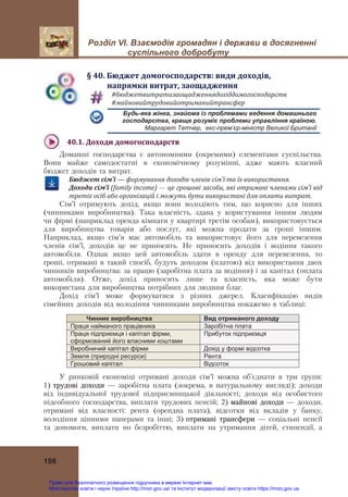Розділ VІ. Взаємодія громадян і держави в досягненні
суспільного добробуту
198
§	40.	Бюджет	домогосподарств:	види	доходів,		
											напрямки	витрат,	заощадження
#бюджетвитратизаощадженнядохіддомогосподарств	
#майновийтрудовийотриманийтрансфер	
Будь-яка жінка, знайома із проблемами ведення домашнього
господарства, краще розуміє проблеми управління країною.
Маргарет Тетчер, екс-прем’єр-міністр Великої Британії
40.1.	Доходи	домогосподарств	
Домашні господарства є автономними (окремими) елементами суспільства.
Вони майже самодостатні в економічному розумінні, адже мають власний
бюджет доходів та витрат.
Бюджет	сім’ї — формування	доходів	членів	сім’ї	та	їх	використання.	
Доходи	сім’ї	(family	income) — це	грошові	засоби,	які	отримані	членами	сім’ї	від	
третіх	осіб	або	організацій	і	можуть	бути	використані	для	оплати	витрат.
Сім’ї отримують дохід, якщо вони володіють тим, що корисно для інших
(чинниками виробництва). Така власність, здана у користування іншим людям
чи фірмі (наприклад оренда кімнати у квартирі третім особам), використовується
для виробництва товарів або послуг, які можна продати за гроші іншим.
Наприклад, якщо сім’я має автомобіль та використовує його для перевезення
членів сім’ї, доходів це не приносить. Не приносить доходів і водіння такого
автомобіля. Однак якщо цей автомобіль здати в оренду для перевезення, то
гроші, отримані в такий спосіб, будуть доходом (платою) від використання двох
чинників виробництва: за працю (заробітна плата за водіння) і за капітал (оплата
автомобіля). Отже, дохід приносить лише та власність, яка може бути
використана для виробництва потрібних для людини благ.
Дохід сім’ї може формуватися з різних джерел. Класифікацію видів
сімейних доходів від володіння чинниками виробництва покажемо в таблиці:
Чинник виробництва Вид отриманого доходу
Праця найманого працівника Заробітна плата
Праця підприємця і капітал фірми,
сформований його власними коштами
Прибуток підприємця
Виробничий капітал фірми Дохід у формі відсотка
Земля (природні ресурси) Рента
Грошовий капітал Відсоток
У ринковій економіці отримані доходи сім’ї можна об’єднати в три групи:
1) трудові доходи — заробітна плата (зокрема, в натуральному вигляді); доходи
від індивідуальної трудової підприємницької діяльності; доходи від особистого
підсобного господарства, виплати трудових пенсій; 2) майнові доходи — доходи,
отримані від власності: рента (орендна плата), відсотки від вкладів у банку,
володіння цінними паперами та інші; 3) отримані трансфери — соціальні пенсії
та допомоги, виплати по безробіттю, виплати на утримання дітей, стипендії, а
Право для безоплатного розміщення підручника в мережі Інтернет має
Міністерство освіти і науки України http://mon.gov.ua/ та Інститут модернізації змісту освіти https://imzo.gov.ua
 