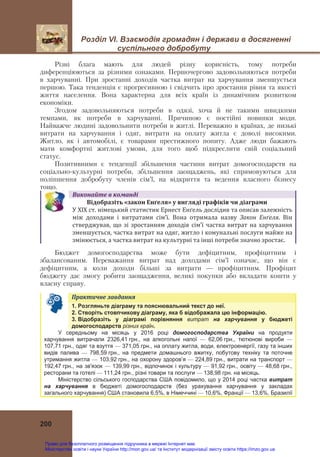 Розділ VІ. Взаємодія громадян і держави в досягненні
суспільного добробуту
200
Різні блага мають для людей різну корисність, тому потреби
диференціюються за різними ознаками. Першочергово задовольняються потреби
в харчуванні. При зростанні доходів частка витрат на харчування зменшується
першою. Така тенденція є прогресивною і свідчить про зростання рівня та якості
життя населення. Вона характерна для всіх країн із динамічним розвитком
економіки.
Згодом задовольняються потреби в одязі, хоча й не такими швидкими
темпами, як потреби в харчуванні. Причиною є постійні новинки моди.
Найважче людині задовольнити потреби в житлі. Переважно в країнах, де низькі
витрати на харчування і одяг, витрати на оплату житла є доволі високими.
Житло, як і автомобілі, є товарами престижного попиту. Адже люди бажають
мати комфортні житлові умови, для того щоб підкреслити свій соціальний
статус.
Позитивними є тенденції збільшення частини витрат домогосподарств на
соціально-культурні потреби, збільшення заощаджень, які спрямовуються для
поліпшення добробуту членів сім’ї, на відкриття та ведення власного бізнесу
тощо.
Виконайте	в	команді
Відобразіть	«закон	Енґеля»	у	вигляді	графіків	чи	діаграми			
У ХІХ ст. німецький статистик Ернест Енґель дослідив та описав залежність 
між  доходами  і  витратами  сім’ї.  Вона  отримала  назву  Закон	 Енґеля.  Він 
стверджував, що зі зростанням доходів сім’ї частка витрат на харчування 
зменшується, частка витрат на одяг, житло і комунальні послуги майже на 
змінюється, а частка витрат на культурні та інші потреби значно зростає.
Бюджет домогосподарства може бути дефіцитним, профіцитним і
збалансованим. Переважання витрат над доходами сім’ї означає, що він є
дефіцитним, а коли доходи більші за витрати — профіцитним. Профіцит
бюджету дає змогу робити заощадження, великі покупки або вкладати кошти у
власну справу.
Практичне	завдання	
1. Розгляньте діаграму та пояснювальний текст до неї.
2. Створіть стовпчикову діаграму, яка б відображала цю інформацію.
3. Відобразіть у діаграмі порівняння витрат на харчування у бюджеті
домогосподарств різних країн.
У середньому на місяць у 2016 році домогосподарства України на продукти
харчування витрачали 2326,41 грн., на алкогольні напої — 62,06 грн., тютюнові вироби —
107,71 грн., одяг та взуття — 371,05 грн., на оплату житла, води, електроенергії, газу та інших
видів палива — 798,59 грн., на предмети домашнього вжитку, побутову техніку та поточне
утримання житла — 103,92 грн., на охорону здоров’я — 224,89 грн., витрати на транспорт —
192,47 грн., на зв'язок — 139,99 грн., відпочинок і культуру — 91,92 грн., освіту — 48,68 грн.,
ресторани та готелі — 111,24 грн., різні товари та послуги — 138,98 грн. на місяць.
Міністерство сільського господарства США повідомило, що у 2014 році частка витрат
на харчування в бюджеті домогосподарств (без урахування харчування у закладах
загального харчування) США становила 6,5%, в Німеччині — 10,6%, Франції — 13,6%, Бразилії
Право для безоплатного розміщення підручника в мережі Інтернет має
Міністерство освіти і науки України http://mon.gov.ua/ та Інститут модернізації змісту освіти https://imzo.gov.ua
 