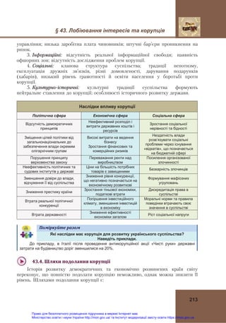 § 43. Лобіювання інтересів та корупція
213
управління; низька заробітна плата чиновників; штучні бар’єри проникнення на
ринок.
3. Інформаційні: відсутність реальної інформаційної свободи; наявність
офшорних зон; відсутність дослідження проблем корупції.
4. Соціальні: кланова структура суспільства; традиції непотизму,
експлуатація дружніх зв’язків, різні домовленості, дарування подарунків
(хабарів), низький рівень грамотності й освіти населення у боротьбі проти
корупції.
5. Культурно-історичні: культурні традиції суспільства формують
нейтральне ставлення до корупції; особливості історичного розвитку держави.
Наслідки впливу корупції
Політична сфера Економічна сфера Соціальна сфера
Відсутність демократичних
принципів
Неефективний розподіл і
витрати державних коштів і
ресурсів
Зростання соціальної
нерівності та бідності
Зміщення цілей політики від
загальнонаціональних до
забезпечення влади окремим
олігархічним групам
Високі витрати на ведення
бізнесу
Зростання фінансових та
комерційних ризиків
Нездатність влади
розв’язувати соціальні
проблеми через існування
«відкатів», що позначається
на бюджетній сфері
Порушення принципу
верховенства закону
Переважання ренти над
виробництвом
Посилення організованої
злочинності
Неефективність політичних та
судових інститутів у державі
Ціни на більшість потрібних
товарів є завищеними
Безкарність злочинців
Зменшення довіри до влади,
відчуження її від суспільства
Зниження рівня конкуренції,
що негативно позначається на
економічному розвиткові
Формування мафіозних
угруповань
Зниження престижу країни
Зростання тіньової економіки,
податкові втрати
Дискредитація права в
суспільстві
Втрата реальної політичної
конкуренції
Погіршення інвестиційного
клімату, зменшення інвестицій
в економіку
Моральні норми та правила
поведінки втрачають своє
значення в суспільстві
Втрата державності
Зниження ефективності
економіки загалом
Ріст соціальної напруги
Поміркуйте	разом	
Які наслідки має корупція для розвитку українського суспільства?
Наведіть приклади.
До прикладу, в Італії після проведення антикорупційної акції «Чисті руки» державні
затрати на будівництво доріг зменшилися на 20%.
43.4.	Шляхи	подолання	корупції	
Історія розвитку демократичних та економічно розвинених країн світу
переконує, що повністю подолати корупцію неможливо, однак можна знизити її
рівень. Шляхами подолання корупції є:
Право для безоплатного розміщення підручника в мережі Інтернет має
Міністерство освіти і науки України http://mon.gov.ua/ та Інститут модернізації змісту освіти https://imzo.gov.ua
 