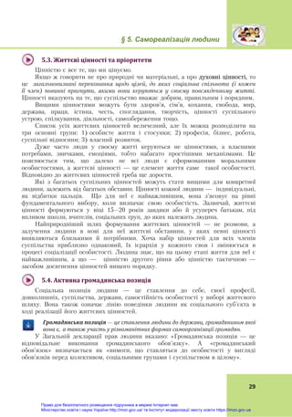§ 5. Самореалізація людини
29
5.3.	Життєві	цінності	та	пріоритети	
Цінністю є все те, що ми цінуємо.
Якщо ж говорити не про природні чи матеріальні, а про духовні цінності, то
це загальновизнані переконання щодо цілей, до яких соціальна спільнота (і кожен
її член) повинні прагнути, якими вони керуються у своєму повсякденному житті.
Цінності вказують на те, що суспільство вважає добрим, правильним і порядним.
Вищими цінностями можуть бути здоров’я, сім’я, кохання, свобода, мир,
держава, праця, істина, честь, споглядання, творчість, цінності суспільного
устрою, спілкування, діяльності, самозбереження тощо.
Список усіх життєвих цінностей величезний, але їх можна розподілити на
три основні групи: 1) особисте життя і стосунки; 2) професія, бізнес, робота,
суспільні відносини; 3) власний розвиток.
Дуже часто люди у своєму житті керуються не цінностями, а власними
потребами, звичками, емоціями, тобто набагато простішими механізмами. Це
пояснюється тим, що далеко не всі люди є сформованими моральними
особистостями, а життєві цінності — це елемент життя саме такої особистості.
Відповідно до життєвих цінностей треба ще дорости.
Які з багатьох суспільних цінностей можуть стати вищими для конкретної
людини, залежить від багатьох обставин. Цінності кожної людини — індивідуальні,
як відбитки пальців. Що для неї є найважливішим, вона з’ясовує на рівні
фундаментального вибору, коли визначає свою особистість. Зазвичай, життєві
цінності формуються у віці 15–20 років завдяки або й усупереч батькам, під
впливом школи, вчителів, соціальних груп, до яких належить людина.
Найприродніший шлях формування життєвих цінностей — не розмови, а
залучення людини в нові для неї життєві обставини, у яких певні цінності
виявляються близькими й потрібними. Хоча набір цінностей для всіх членів
суспільства приблизно однаковий, їх ієрархія у кожного своя і змінюється в
процесі соціалізації особистості. Людина знає, що на цьому етапі життя для неї є
найважливішим, а що — цінністю другого рівня або цінністю тактичною —
засобом досягнення цінностей вищого порядку.
5.4.	Активна	громадянська	позиція	
Соціальна позиція людини — це ставлення до себе, своєї професії,
довколишніх, суспільства, держави, самостійність особистості у виборі життєвого
шляху. Вона також означає лінію поведінки людини як соціального суб'єкта в
ході реалізації його життєвих цінностей.
Громадянська	позиція	—	це	ставлення	людини	до	держави,	громадянином	якої	
вона	є,		а	також	участь	у	різноманітних	формах	самоорганізації	громадян.
У Загальній декларації прав людини вказано: «Громадянська позиція — це
відповідальне виконання громадянського обов'язку». А «громадянський
обов'язок» визначається як «вимоги, що ставляться до особистості у вигляді
обов'язків перед колективом, соціальними групами і суспільством в цілому».
Право для безоплатного розміщення підручника в мережі Інтернет має
Міністерство освіти і науки України http://mon.gov.ua/ та Інститут модернізації змісту освіти https://imzo.gov.ua
 