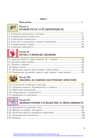  
3
ЗМІСТ
Передмова ....................................................................................................5
Розділ І.
ОСОБИСТІСТЬ ТА ЇЇ ІДЕНТИЧНІСТЬ
§ 1. Соціальна ідентичність та її види............................................................................8
§ 2. Самовизначення особистості.....................................................................................12
§ 3. Соціалізація особистості.............................................................................................16
§ 4. Роль сім’ї та однолітêів ó процесі соціалізації ...................................................21
§ 5. Самореалізація людини...............................................................................................26
§ 6. Соціальна мобільність..................................................................................................30
Розділ IІ.
ПРАВА І СВОБОДИ ЛЮДИНИ
§ 7. Людсьêа ãідність і права людини. Я ― людина ................................................36
§ 8. Еволюція прав людини................................................................................................39
§ 9. Людина і держава ..........................................................................................................45
§ 10. Права дитини ................................................................................................................49
§ 11. Механізми захистó прав людини і прав дитини..............................................53
§ 12. Національні механізми захистó прав людини і прав дитини .....................58
Розділ III.
ЛЮДИНА В СОЦІОКУЛЬТУРНОМУ ПРОСТОРІ
§ 13. Сóспільство. Соціальна стрóêтóра........................................................................68
§ 14. Соціальні цінності. Різноманітність і рівність .................................................71
§ 15. Ефеêтивна êомóніêація.............................................................................................76
§ 16. Упередження і толерантність..................................................................................80
§ 17. Конфліêти, їх подолання..........................................................................................84
Розділ IV.
ДЕМОКРАТИЧНЕ СУСПІЛЬСТВО ТА ЙОГО ЦІННОСТІ
§ 18. Демоêратія в сóчасномó світі..................................................................................90
§ 19. Вибори яê атрибóт демоêратії................................................................................95
§ 20. Політичні партії та ãромадсьêі орãанізації.........................................................101
§ 21. Громадянсьêе сóспільство ........................................................................................106
§ 22. Громада............................................................................................................................110
Право для безоплатного розміщення підручника в мережі Інтернет має
Міністерство освіти і науки України http://mon.gov.ua/ та Інститут модернізації змісту освіти https://imzo.gov.ua
 